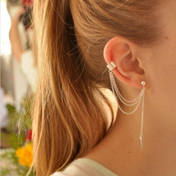 Fashion Personality Metal Ear Clip Leaf Tassel Earrings