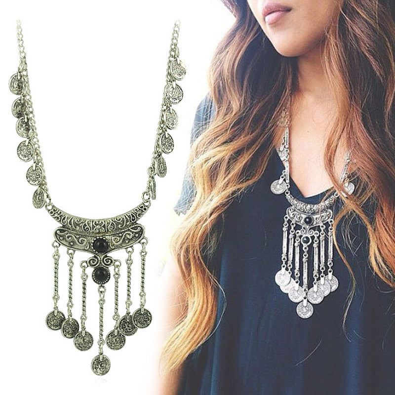 Long Silver Plated Coin Necklace